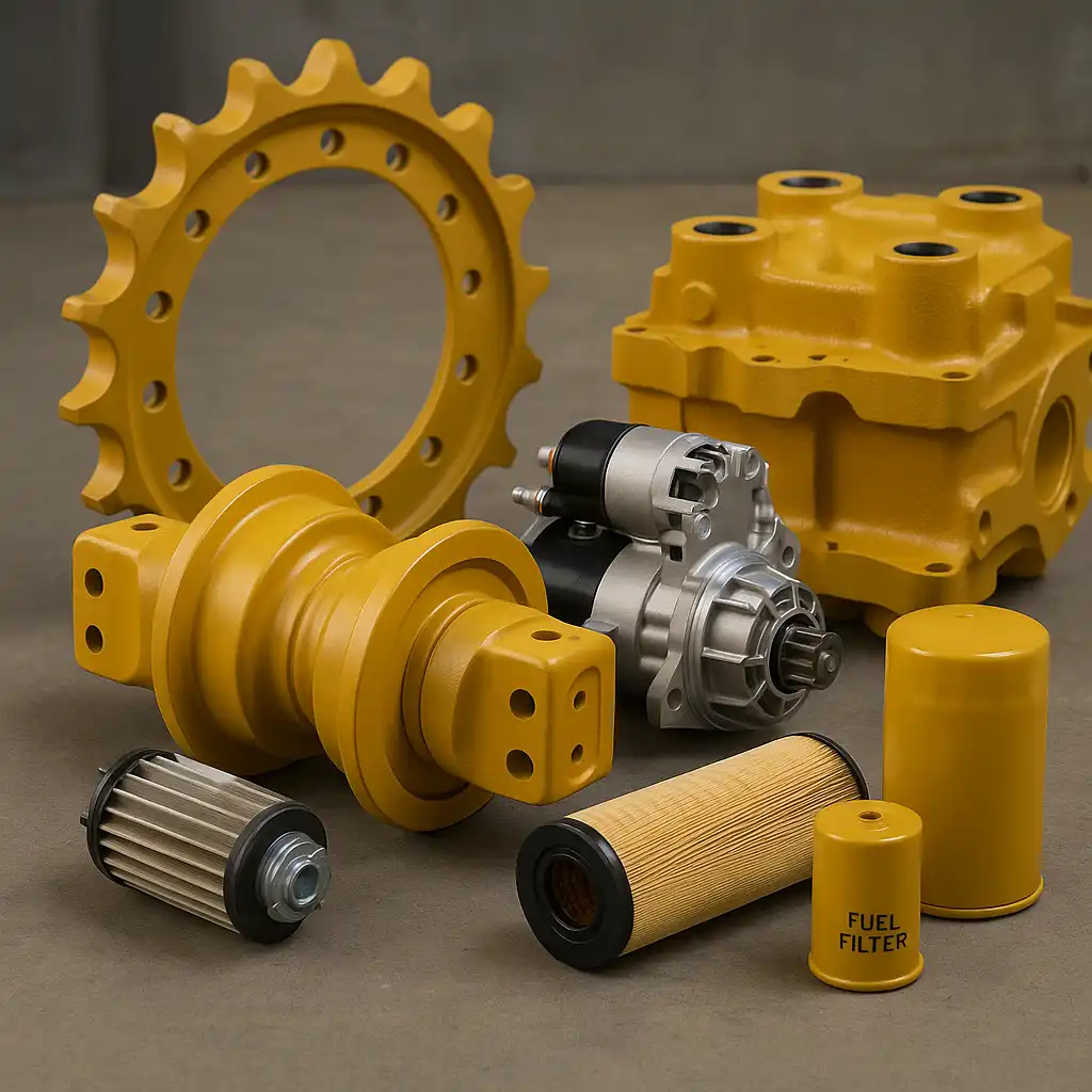 Spare part alat berat lengkap: track roller, sprocket, starter motor, dan filter mesin.