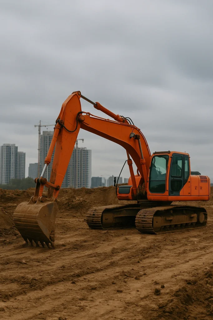 rental alat berat Excavator oranye 20 ton bekerja di proyek konstruksi Surabaya