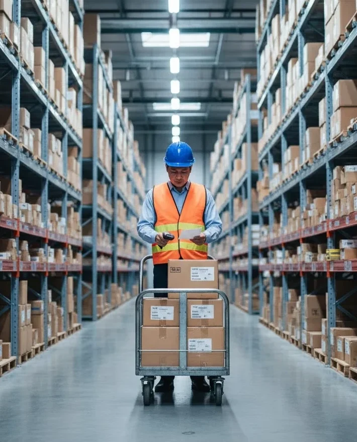 Gudang toko spare part alat berat lengkap dengan filter, silinder, dan komponen mesin lainnya