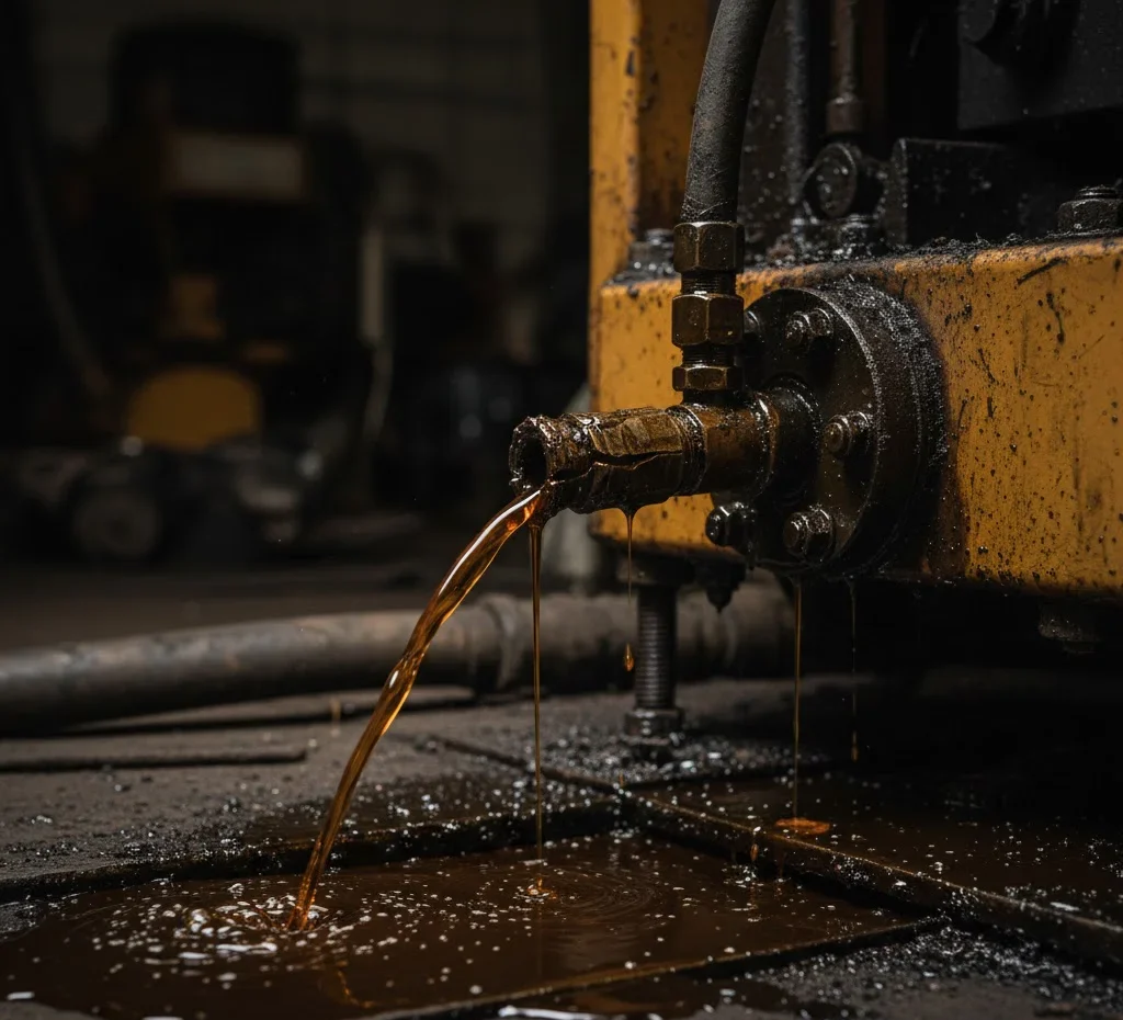 Kebocoran oli dari selang hidrolik / hydraulic hose excavator excavator akibat fitting atau hose yang rusak.