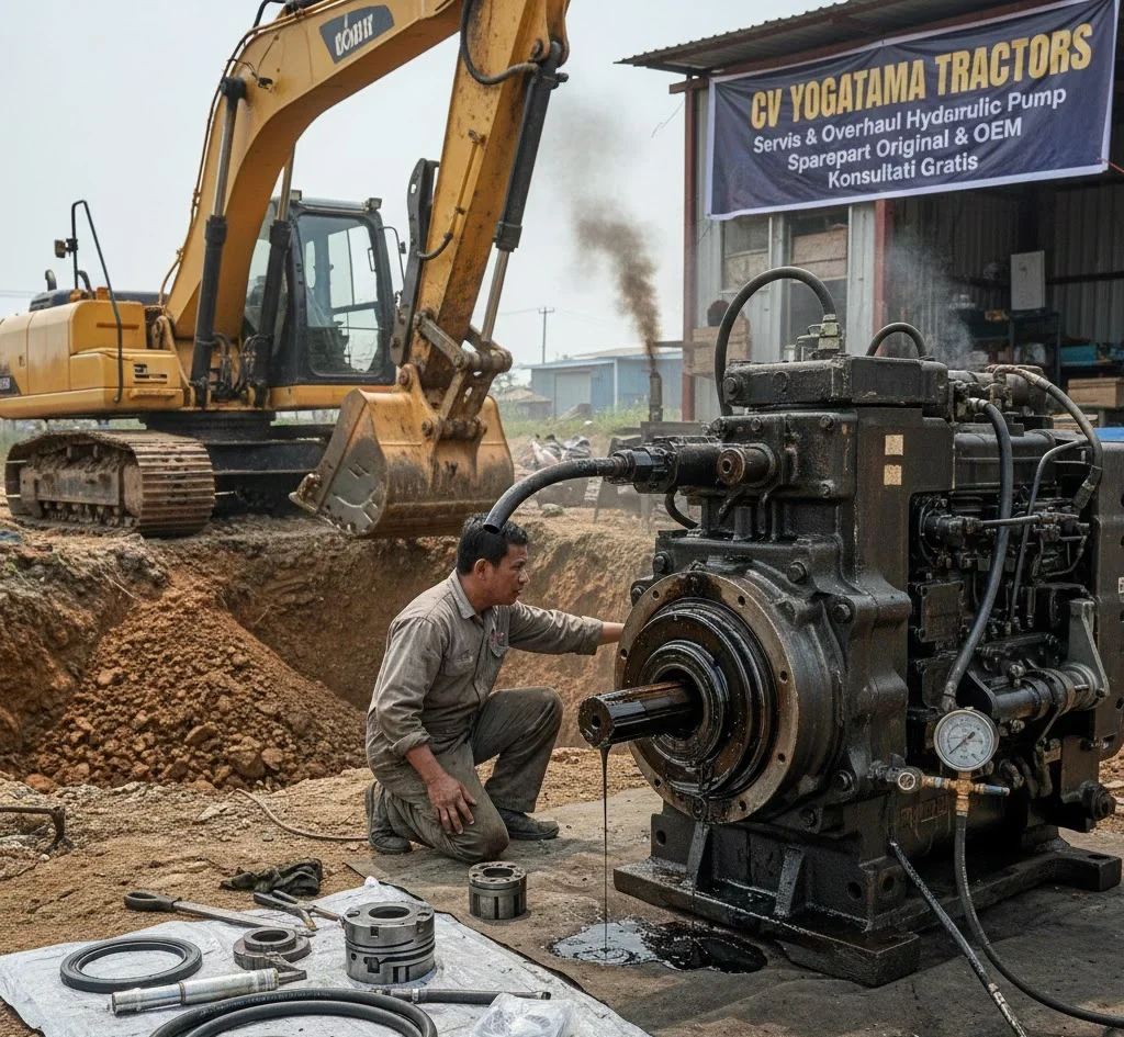 Mekanik melakukan servis hydraulic pump excavator dengan komponen pump terbongkar di lokasi proyek.