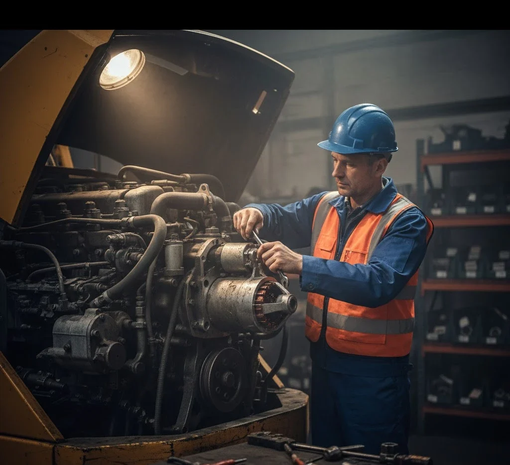 Mekanik sedang memeriksa starter motor alat berat yang terpasang pada mesin excavator.