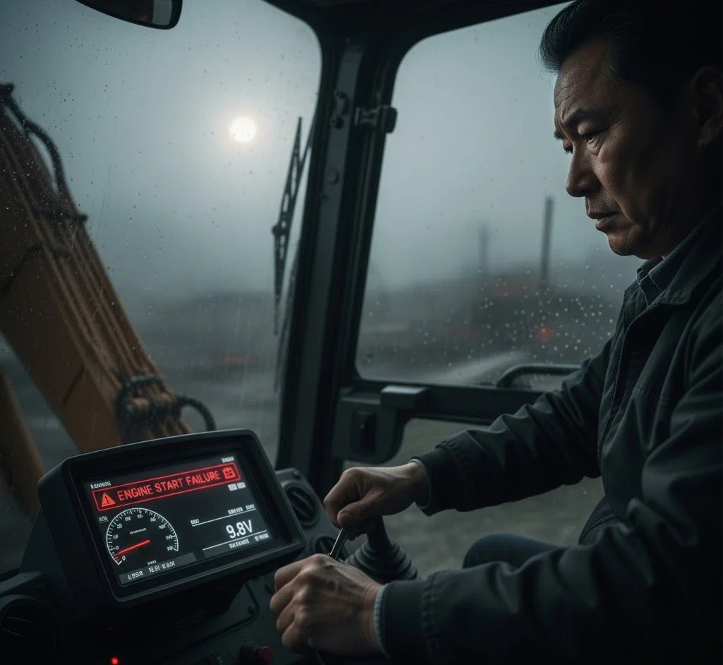 Operator memutar kunci kontak excavator, sementara dashboard menunjukkan error “Engine Start Failure”. karena starter motor