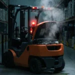 Forklift oranye di dalam gudang dengan kap mesin terbuka, mengeluarkan asap uap dan lampu peringatan menyala, tanda mesin overheat.